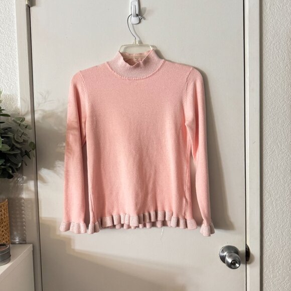 ☀️ NANETTE LEPORE Ruffle Hem Baby Pink Mockneck Sweater Cute Girly Cottage Small - Picture 7 of 7